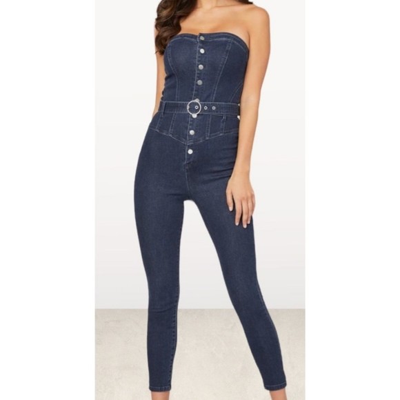 Guess Pants - Nwt Guess Damara Stretch Denim Strapless Snap Front Belted Jumpsuit, M